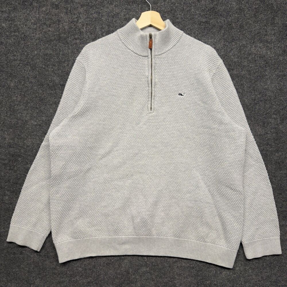 Vineyard Vines Men's Gray Cotton Waffle-Knit 1/4 Zip Mock Neck Sweater XL Casual